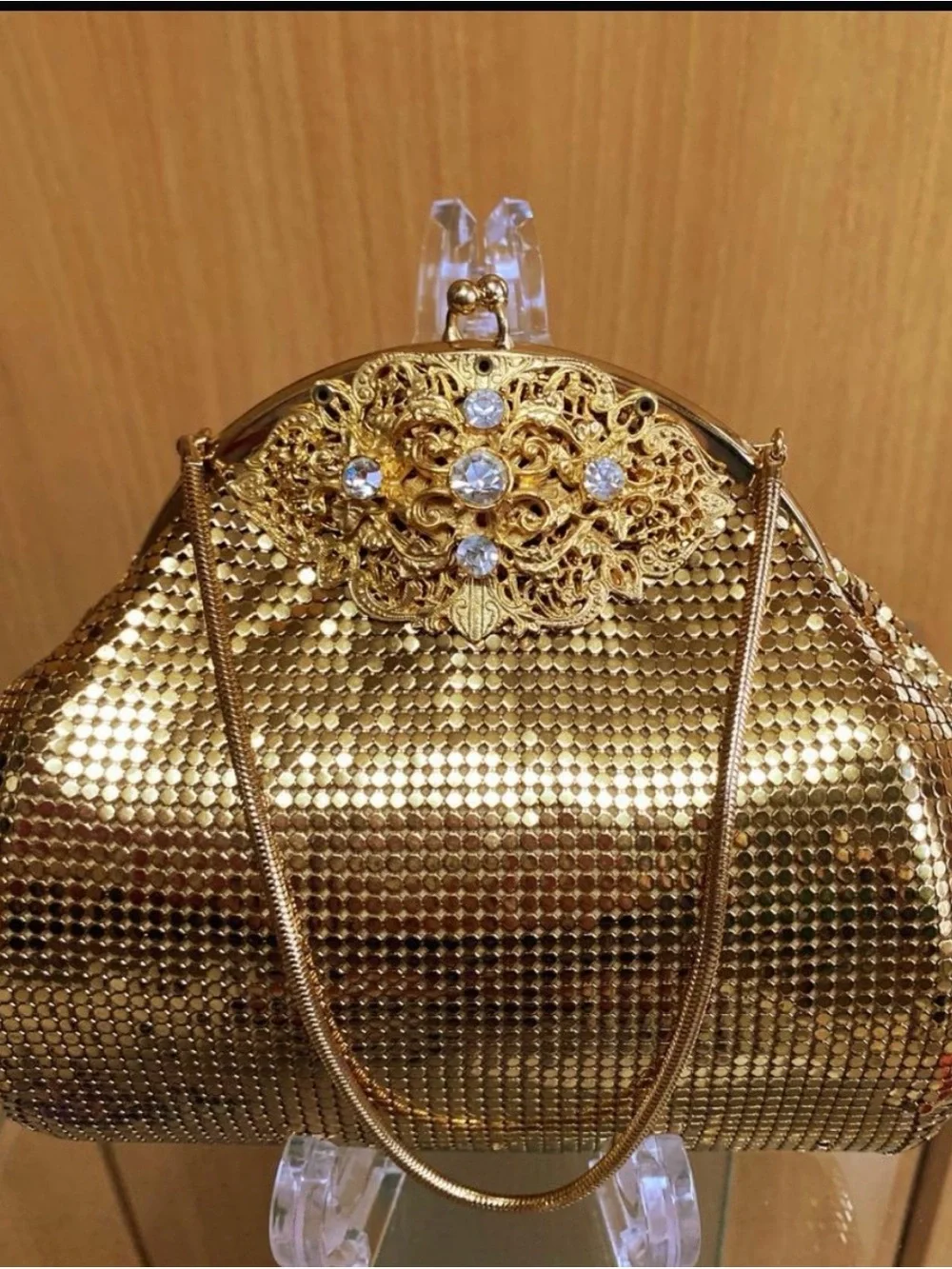 VTG 1960s Whiting Davis Gold Mesh Frame Evening Bag Chain & Crystal Design RARE